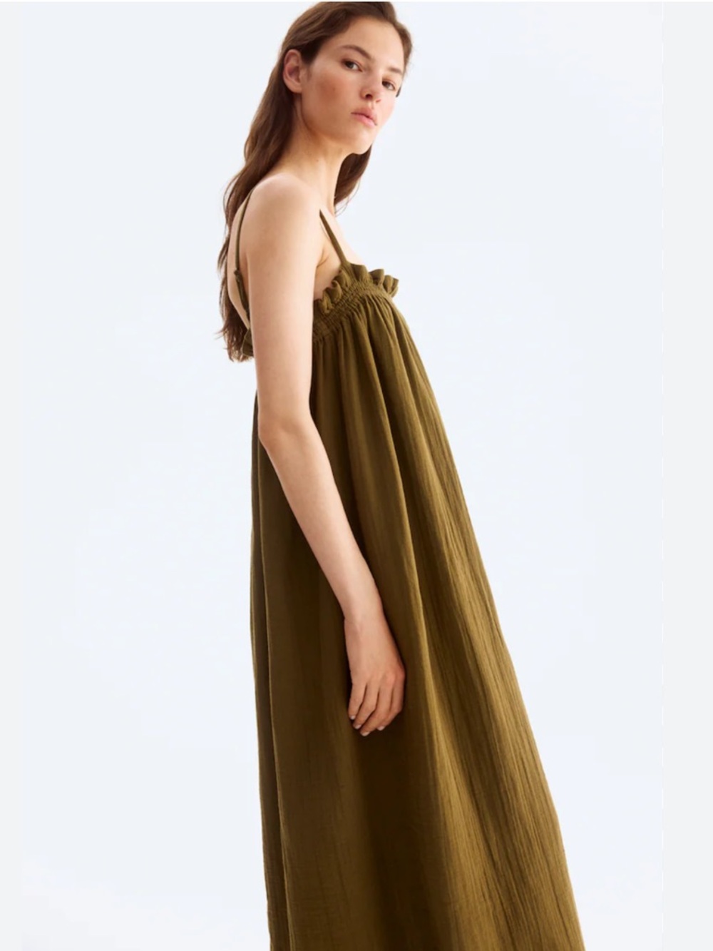 H&M Dark Khaki Green Strappy Gauzy Midi Dress